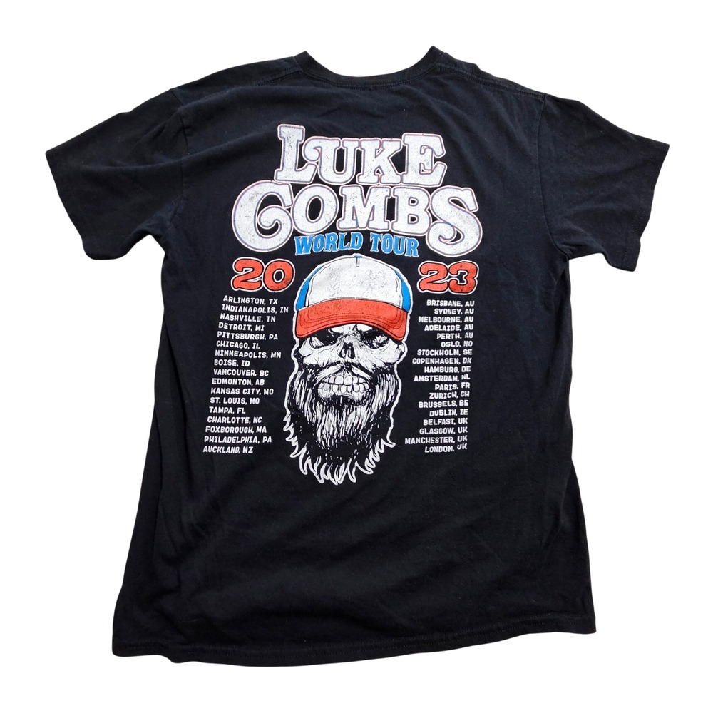Luke Combs T-Shirt Medium Black 2023 World Tour Bearded Skull Graphic Tee